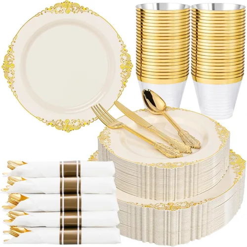 Miniatura 14 de Nervure 175 platos de plástico dorado transparente, platos desechables dorados para fiestas y servilletas preenrolladas con cubiertos para 25 Claro