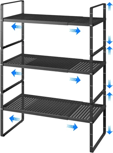 Organizador de estantes expandibles para gabinete, organizador de estante pequeño de cocina para encimera, despensa, estante de especias de Negro