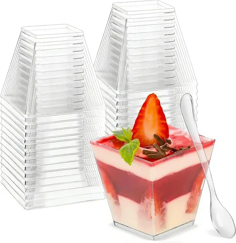 Miniatura 8 de Zezzxu - Paquete de 100 mini tazas de postre de plástico transparente de 5 onzas con cucharas, tazas de postre reutilizables para probar aperitivos