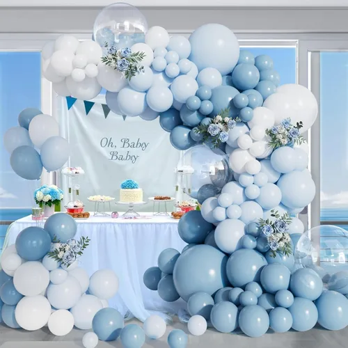 Miniatura 7 de Kit de arco de globos de color azul polvoriento de 156 piezas de diferentes tamaños azul claro azul bebé y blanco y globos de látex transparente