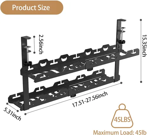 Miniatura 5 de BYMECOST Bandeja de gestión de cables doble sin taladrar debajo del escritorio, extensible de acero resistente para debajo del escritorio, bandeja