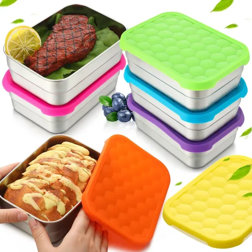 Miniatura 9 de Layhit 6 recipientes de acero inoxidable para niños, recipientes de almuerzo de 25 onzas con tapas de silicona para fugas, caja de aperitivos