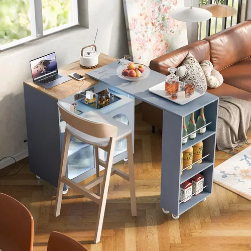 Miniatura 3 de K&K - Isla de cocina rodante con mesa extendida, luces LED, tomas de corriente, 2 puertas de vidrio, compartimento de almacenamiento, 3 estantes