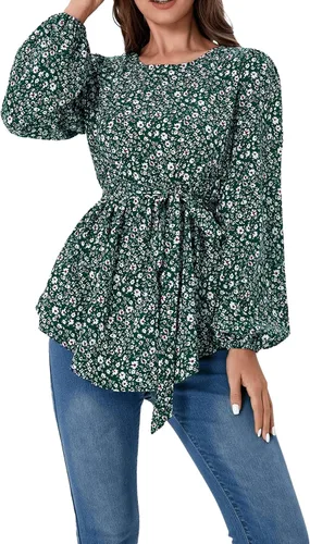 Miniatura 3 de MakeMeChic Camisa de maternidad floral de manga larga con cinturón para embarazo, blusa peplum