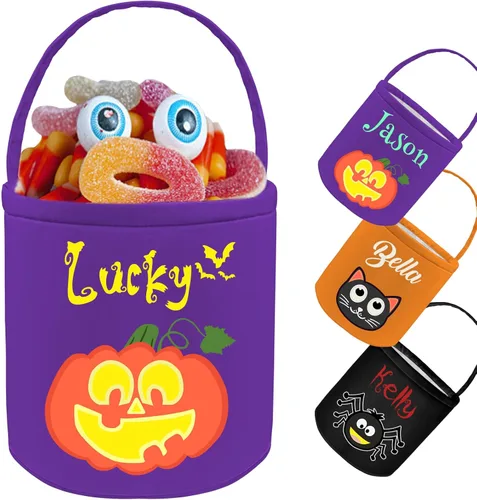 Cubo de Halloween personalizado con nombre personalizado para trucos o tratos, bolsa de dulces personalizada para niños, bolsas de lona grandes para