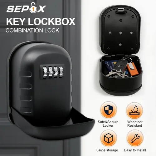 Miniatura 4 de SEPOX® Caja de metal con cerradura de llave de 2 piezas con combinación de 4 dígitos, espacio extragrande, capacidad de 6 a 10 llaves, cubierta
