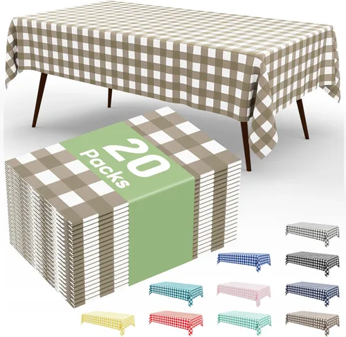 Miniatura 25 de Smiry Paquete de 3 Manteles Desechables de Cuadros Gingham Color Caqui - 54" x 72" Mantel de Plástico de Servicio Pesado, Cubiertas de Mesa