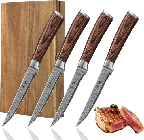 Miniatura 14 de Wakoli EDIB Juego de cuchillos de cocina de Damasco de 3 piezas en caja de regalo de madera, juego de cuchillos afilados hechos de acero de Damasco