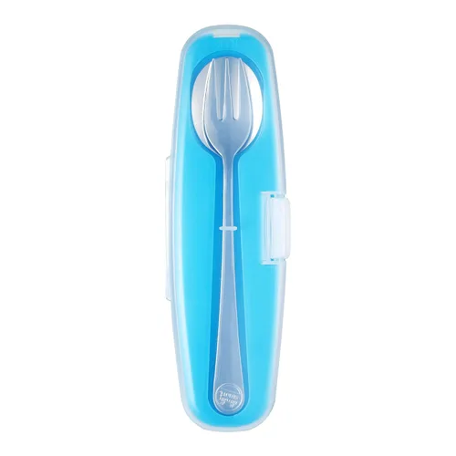 Innobaby Din Din Smart - Cuchara y tenedor de acero inoxidable con funda de transporte. Juego de utensilios para niños y niños pequeños. Sin BPA.