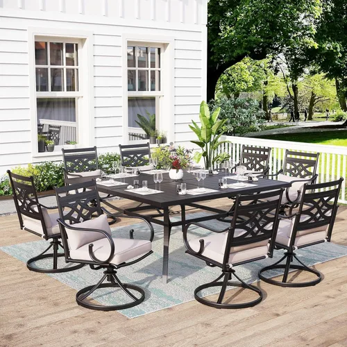 Miniatura 6 de MFSTUDIO Mesa de comedor al aire libre cuadrada de 60" de metal, mesa grande de patio con 8 plazas y agujero ajustable para sombrilla para terraza