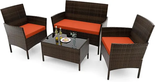 RELAX4LIFE Juego de muebles de patio de 4 piezas – Juego de muebles de ratán para conversación al aire libre con cojines, mesa de centro de cristal,