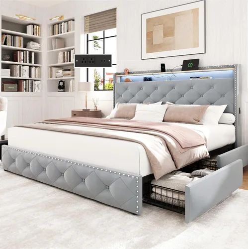 Miniatura 14 de LARMACE Base de cama tamaño King con 4 cajones de almacenamiento, base de cama tapizada de terciopelo, plataforma King con luces LED y estación