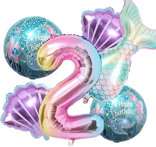 Miniatura 14 de Kit de decoración de cumpleaños de sirena sdquskin: 6 globos verdes de sirena (número 1) para niñas