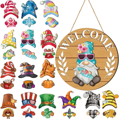 Miniatura 23 de Qunclay 31 piezas 3D de grano natural intercambiable de madera gnomo para puerta, decoraciones navideñas de gnomo con piezas magnéticas y sombreros