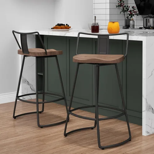 Taburetes de bar giratorios de 24 pulgadas con respaldo, juego de 2 sillas de bar de metal con asiento de madera, taburetes de bar industriales,