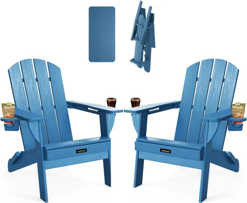 Miniatura 30 de Silla Adirondack Plegable, Sillas Adirondack de Plástico con Textura de Madera con 2 Portavasos, Silla para Hoguera de HDPE Resistente a