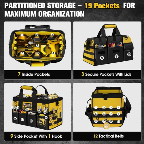 Miniatura 3 de Bolsa de herramientas resistente de 16 pulgadas, organizador de caja de herramientas de 19 bolsillos, bolsa de herramientas portátil con asa suave