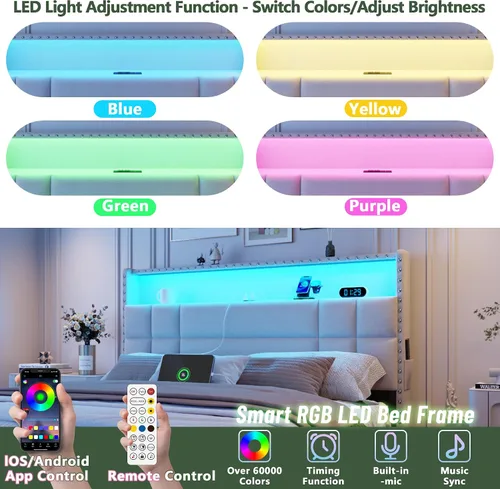 Miniatura 6 de OURPIC Base de cama Queen con 4 cajones de almacenamiento y cabecero, base de cama tapizada tamaño Queen con estación de carga y luces LED,