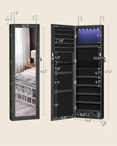 Miniatura 58 de Songmics - UJJC93W - Armario para joyas que se puede cerrar con llave, de montaje en pared o puerta, con espejo de 6 luces LED, para organización