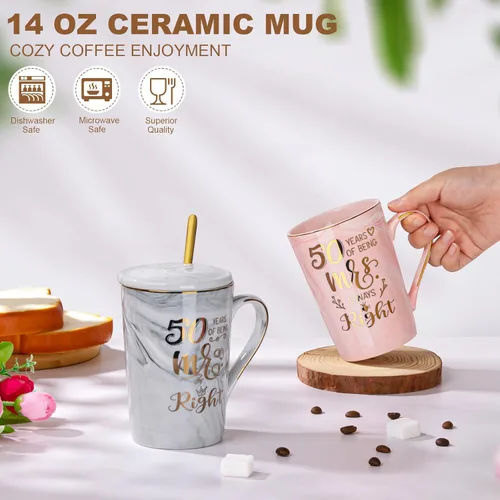 Miniatura 2 de Biching 50 aniversario de boda para parejas, tazas doradas del 50 aniversario para padres, abuelos, tazas de 14 onzas con cucharas, tapas, tarjeta
