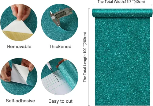 Miniatura 8 de CHIHUT Papel tapiz de color verde azulado con purpurina para dormitorio, papel tapiz para despegar y pegar, papel tapiz de tela extraíble, rollo