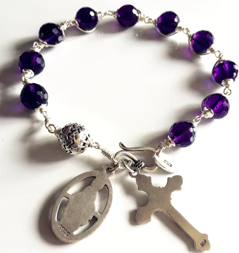 Miniatura 3 de Eleganantmedical Hecho a mano natural 10MM amatista cristal Bali cuentas de plata de ley Cruz rosario católico pulsera regalo caja