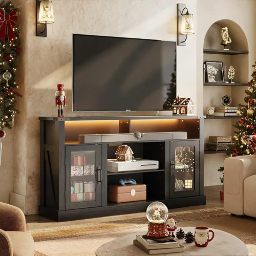 Miniatura 2 de WLIVE Soporte de TV estilo granja para TV de 65 pulgadas, centro de entretenimiento alto con luces LED y gabinetes de almacenamiento, mesa consola