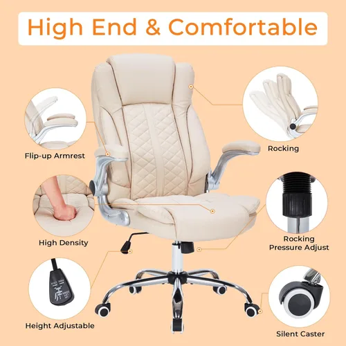 Miniatura 4 de Silla de oficina ejecutiva de 400 libras con reposabrazos abatibles, silla de computadora grande y alta para personas pesadas, silla ergonómica Crema