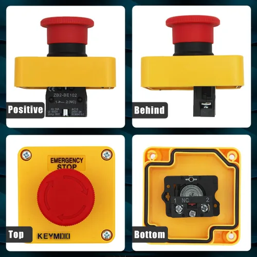 Miniatura 4 de Interruptor de botón de parada de emergencia, 1NC 10A 660V con caja impermeable IP65, 2 conectores negros PG13.5 (1)