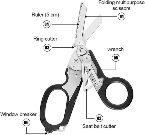 Miniatura 2 de Tijeras de emergencia multifunción 6 en 1, herramienta de tijeras de emergencia de acero inoxidable con cortador de correa y rompedor de vidrio
