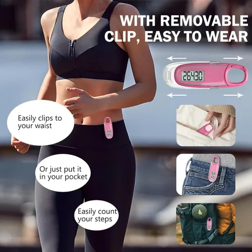 Miniatura 2 de 3D Pedometer for Walking with Removable Clip and Carabiner Simple Step Counter for Walking Accurate Clip On Step Tracker for Men Women Kids Rosa