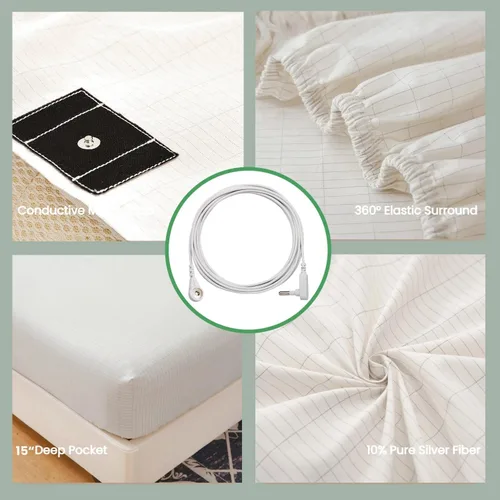 Miniatura 5 de Grounding Sheets - Sábana bajera ajustable de 15 pulgadas de profundidad, tamaño individual XL con cordón de tierra, 90% algodón orgánico + 10%