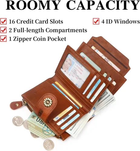 Miniatura 3 de Cartera de cuero con doble pliegue para mujer, bloqueo RFID, tarjetero compacto, cartera pequeña con ventana para identificación extraíble, A1