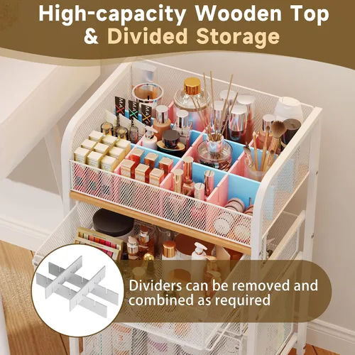 Miniatura 4 de Organizador de Carrito de Maquillaje con 3 Cajones, Organizadores de Cuidado de la Piel de Piso con Divisores, Organizador de Tocador Estuches