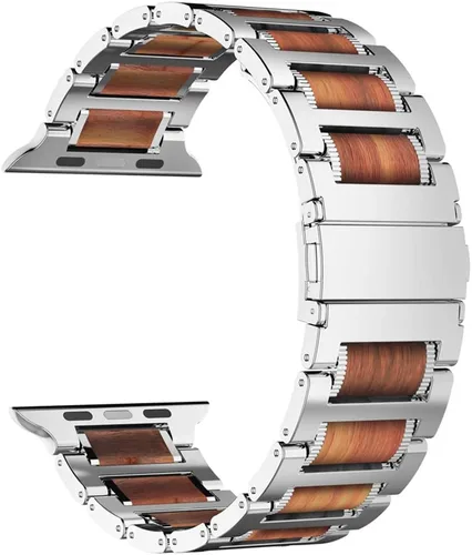 iiteeology Correa compatible con Apple Watch, pulsera de eslabones de madera y acero natural para iWatch Series 1-11 de 1.65" (42mm), 1.61" (41mm),