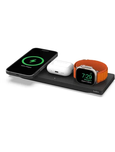 Belkin MagSafe - Almohadilla de carga inalámbrica 3 en 1, carga inalámbrica rápida para Apple Watch, iPhone 17, iPhone 16, iPhone 15, iPhone 14 Negro