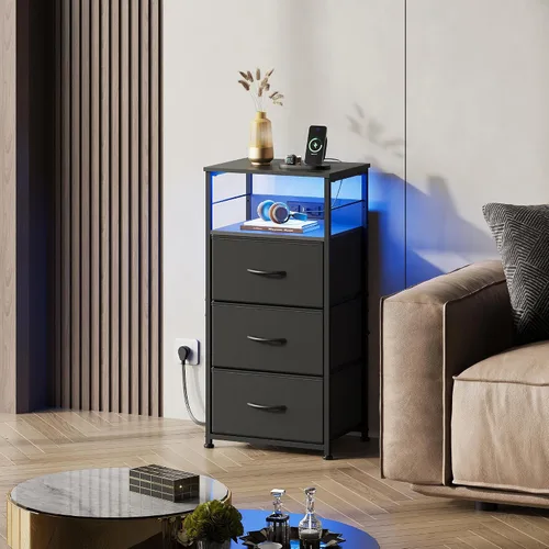 Miniatura 7 de WLIVE Mesita de noche con estación de carga, mesita de noche de 31.9" de altura con 3 cajones de tela, mesa de noche con LED con puertos USB