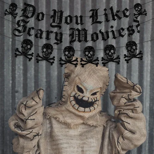 Miniatura 5 de Cartel de películas de terror con texto en inglés "Do You Like Scary Movies", guirnalda gótica de calavera inglesa, decoración de noche de películas