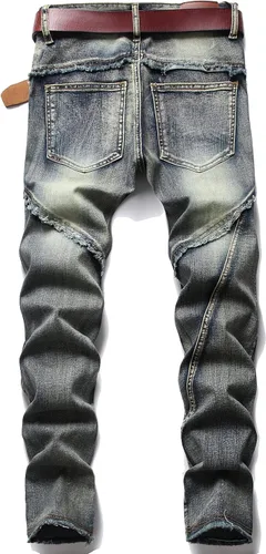 Miniatura 2 de XIMXIMMTIAN Jeans de mezclilla para hombre estilo motociclista, lavados, desgastados, ajustados y rectos
