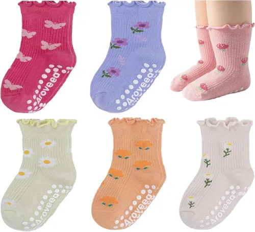 Miniatura 12 de Calcetines antideslizantes para bebés y niñas, calcetines de algodón con empuñaduras, paquete múltiple, calcetines de dibujos animados de tobillo