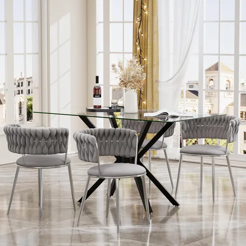 Miniatura 10 de Juego de mesa de comedor de cristal negro de 47 pulgadas para 4, juego de mesa de cocina minimalista moderno y 4 sillas de comedor de terciopelo