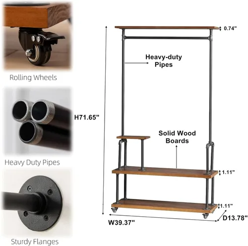 Miniatura 4 de Perchero industrial para ropa, estilo tubo, perchero de ropa Steampunk resistente, árbol de pasillo con ruedas con estante y almacenamiento