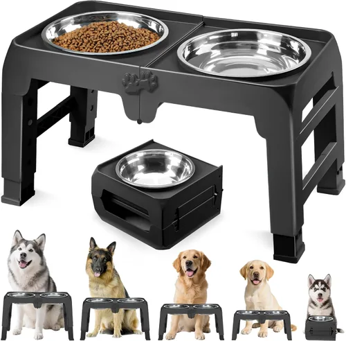 Miniatura 14 de COMESOON - Tazones elevados para perros, soporte elevado de 4 alturas ajustables con 2 tazones gruesos de acero inoxidable de 50 onzas, Negro