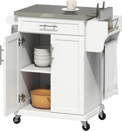 Miniatura 11 de HOMCOM Isla de cocina sobre ruedas, carrito de cocina rodante con encimera de acero inoxidable, cajón, toallero y estante de especias, carrito