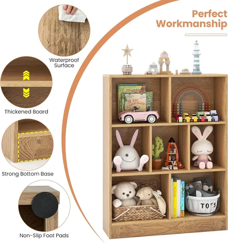 Miniatura 6 de Costzon 7-Cube Bookshelf for Kids, Wooden Toy Storage Organizer w/ 2 Anti-Toppling Kits, 3 Tier Open Shelves & Non-Slip Foot Pads, Montessori Toy