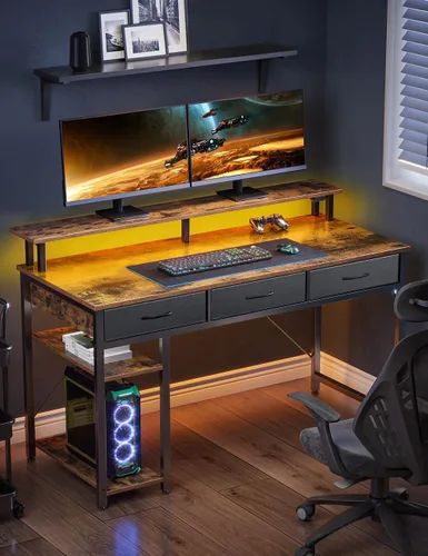 Miniatura 2 de Rolanstar Escritorio para computadora con tomas de corriente y luz LED, escritorio de oficina en casa de 47 pulgadas con 3 cajones y estantes
