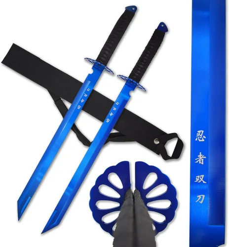 Miniatura 6 de Juego de espada ninja doble con mango envuelto de nailon negro, 28 pulgadas en total, hoja de acero inoxidable de 18.25 pulgadas, incluye correa