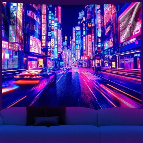 Miniatura 11 de NYZE Tapiz de luz negra de ciudad, tapiz de anime japonés, juego punk, fantasía, vista nocturna, paisaje urbano, arte futurista, neón, tapices