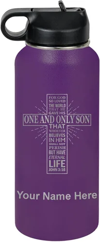 Miniatura 46 de LaserGram Botella de agua personalizada, versículo bíblico John 3-16, acero inoxidable de doble pared aislada al vacío con popote superior, regalo