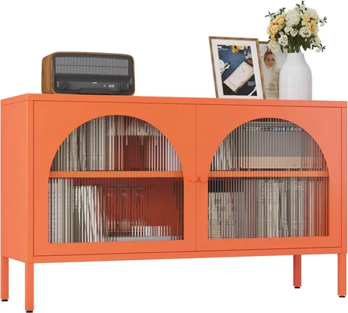 Miniatura 19 de Gabinete de almacenamiento de metal, soporte de TV de 2 puertas, armario decorativo con puertas y estante ajustable, armario de metal, mesita
